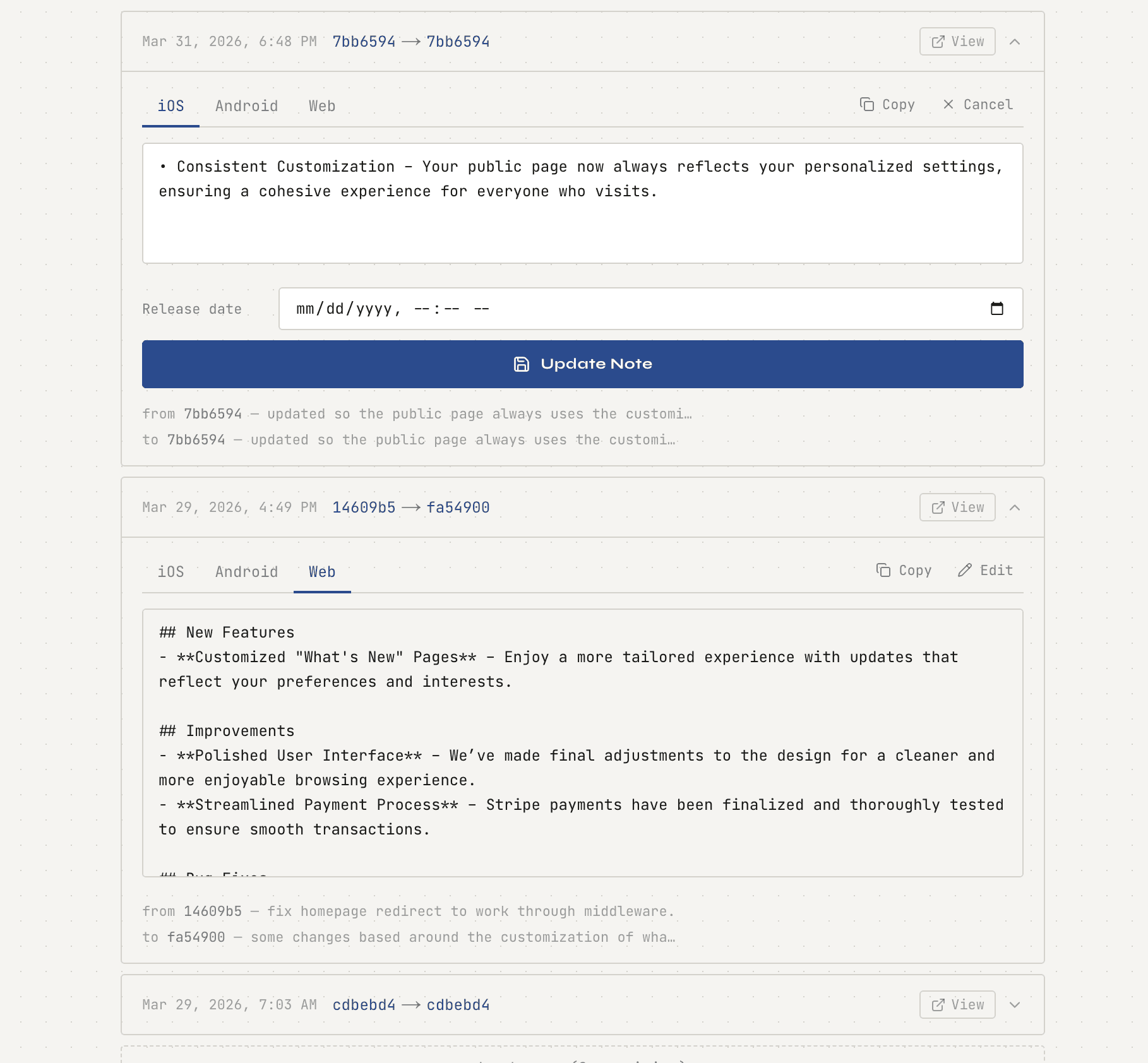 Patch Notes dashboard — generate release notes from GitHub commits